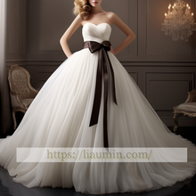 Load image into Gallery viewer, White Or Ivory With Black Sash Strapless Wedding Dress Bridal Gown Princess Dress Custom Size W5-3.28
