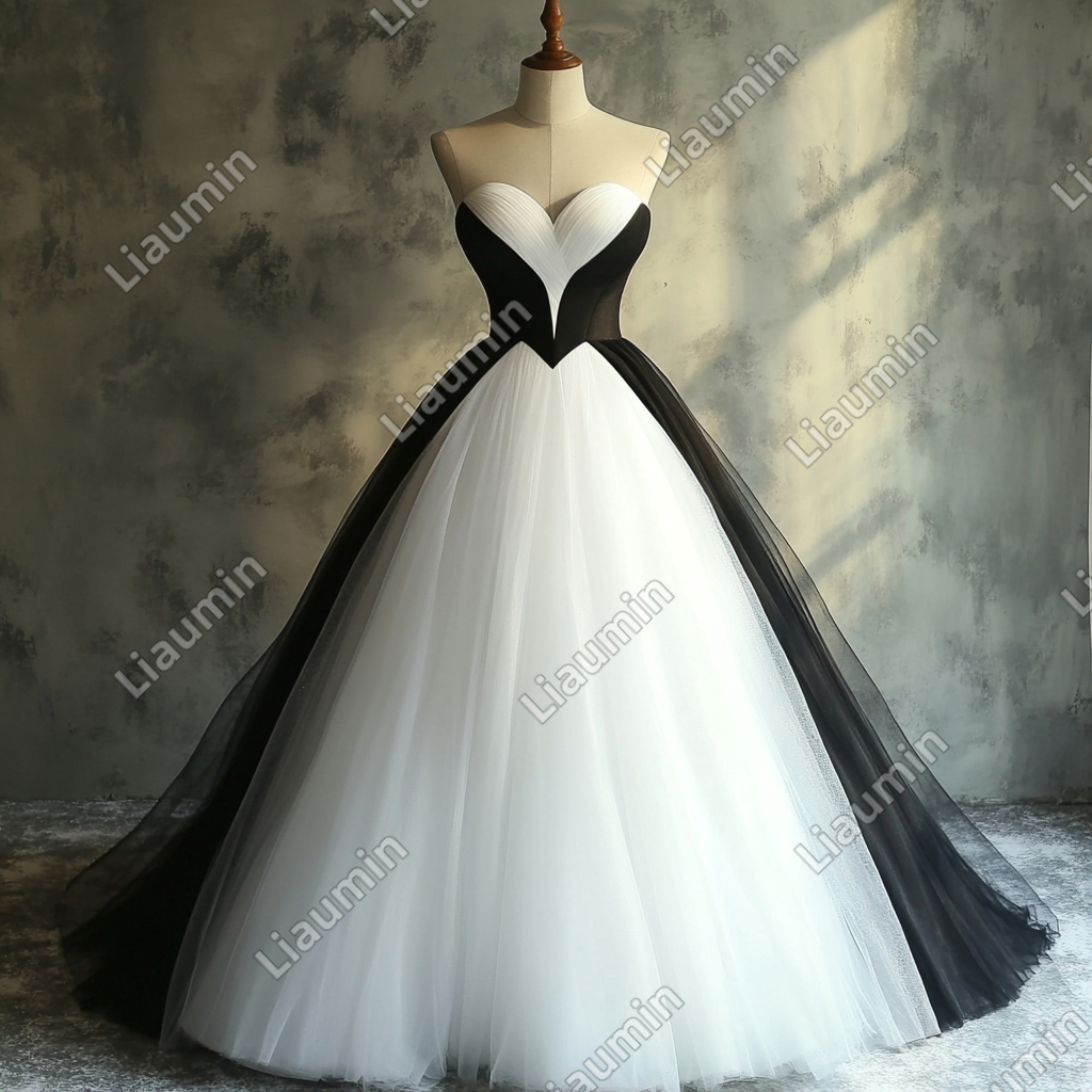 Custom Made Simple White and Black Tulle Wedding Evening Prom Formal Lace Up Back Princess Dress C-3.28