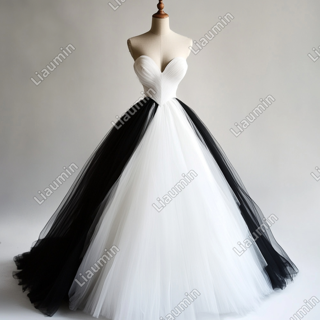 Custom Made Simple White and Black Tulle Wedding Evening Prom Formal Lace Up Back Princess Dress C-3.29