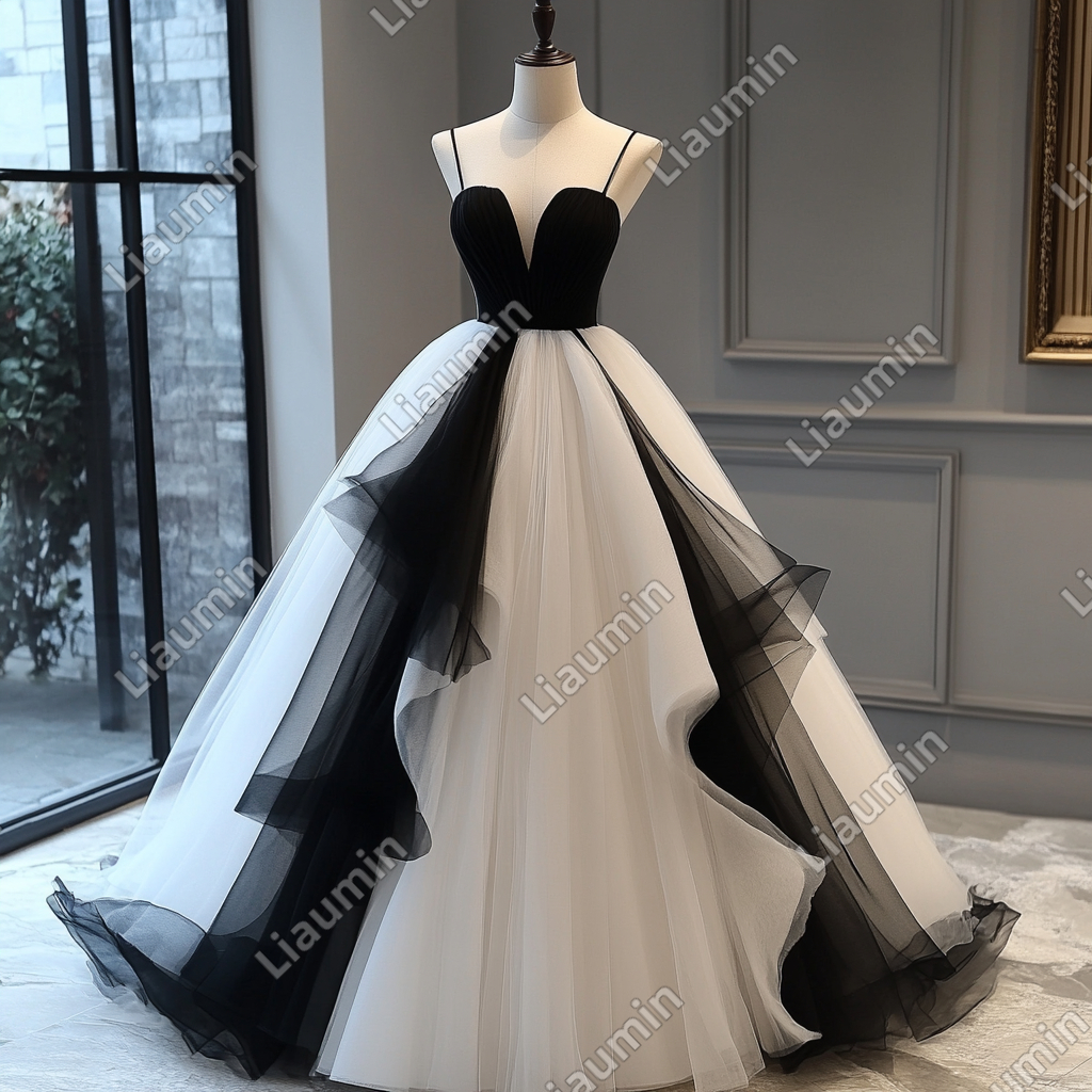 Custom Made Classic White Black Tulle Strap Wedding Evening Prom Formal Lace Up Back Princess Dress C-3.2