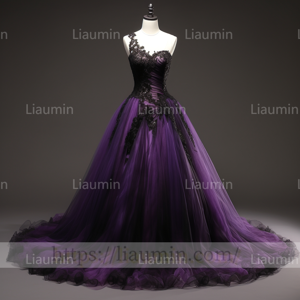 Purple Tulle Black Lace Applique Evening Party Prom Formal Occasion Princess Dress B-3.2