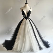 Load image into Gallery viewer, Custom Made Ivory and Black Tulle Strap Wedding Evening Prom Formal Lace Up Back Princess Dress C-3.31
