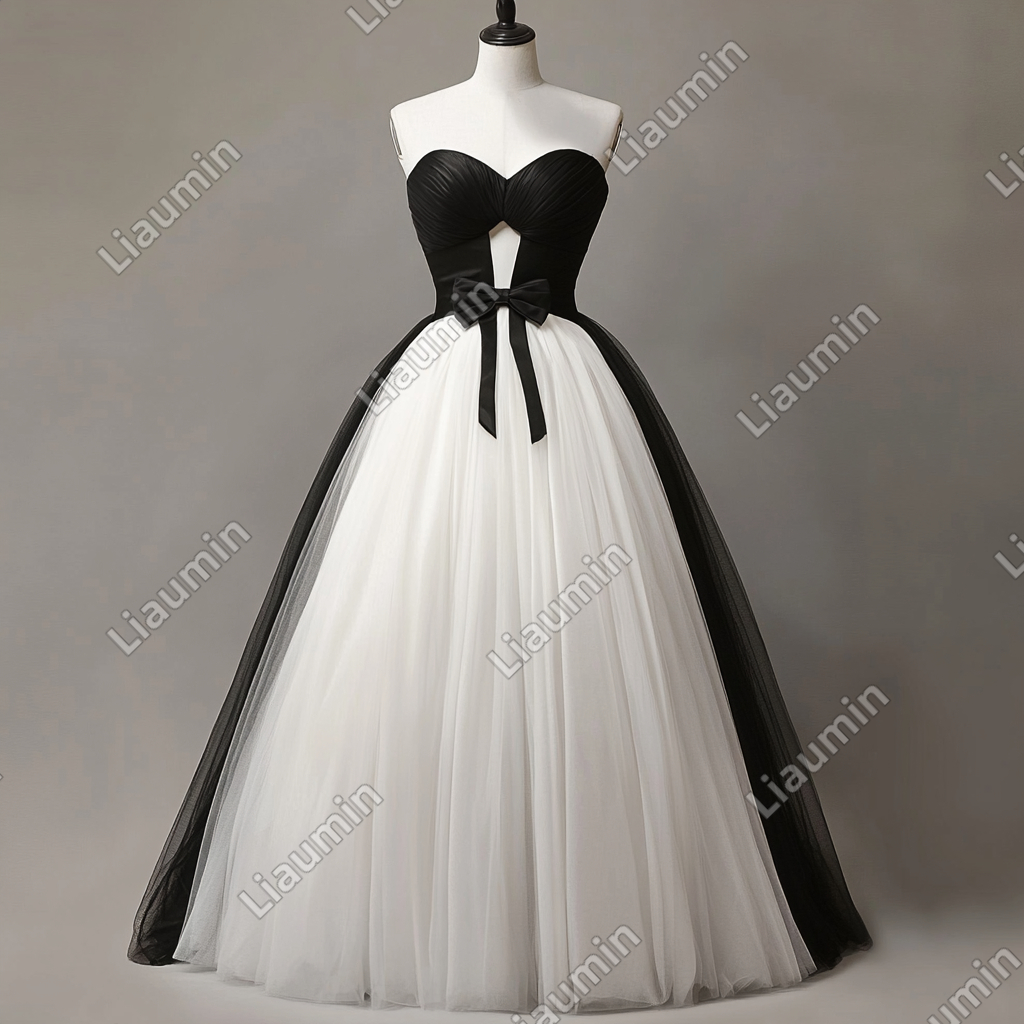 Custom Made Ivory and Black Tulle Wedding Evening Prom Formal Lace Up Back Princess Dress C-3.32