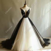 Load image into Gallery viewer, Custom Made Ivory and Black Tulle Strap Wedding Evening Prom Formal Lace Up Back Princess Dress C-3.34
