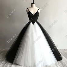 Load image into Gallery viewer, Custom Made White and Black Tulle Strap Wedding Evening Prom Formal Lace Up Back Princess Dress C-3.35
