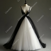 Load image into Gallery viewer, Custom Made White and Black Tulle Strap Wedding Evening Prom Formal Lace Up Back Princess Dress C-3.36
