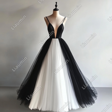 Load image into Gallery viewer, Custom Made White and Black Tulle Strap V Neck Wedding Evening Prom Formal Lace Up Back Princess Dress C-3.37
