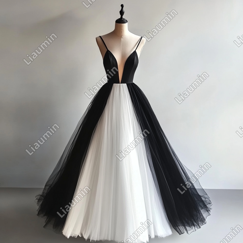 Custom Made White and Black Tulle Strap V Neck Wedding Evening Prom Formal Lace Up Back Princess Dress C-3.37