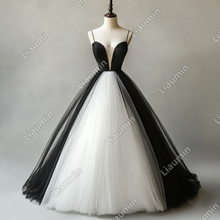 Load image into Gallery viewer, Custom Made White and Black Tulle Strap Wedding Evening Prom Formal Lace Up Back Princess Dress C-3.39
