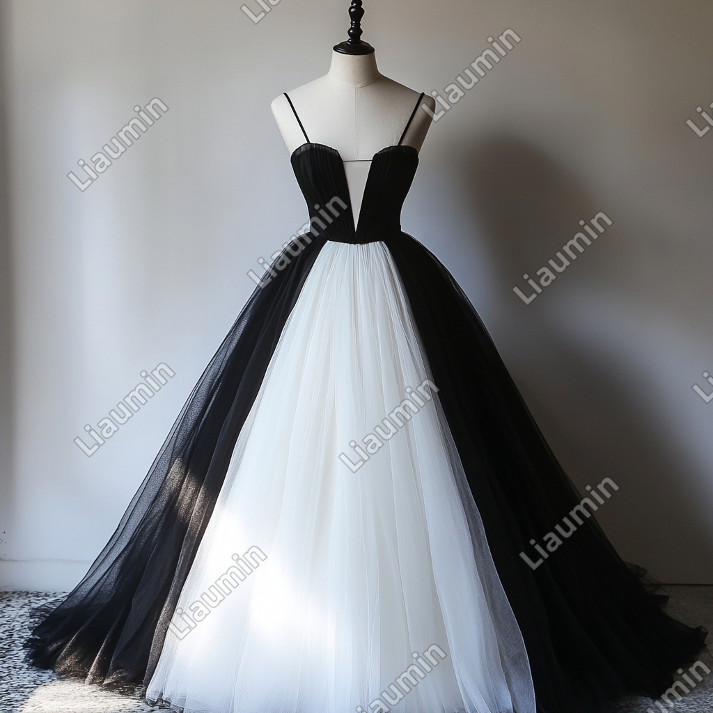 Custom Hand Made Classic White Black Tulle Strap Wedding Evening Prom Formal Lace Up Back Princess Dress C-3.3