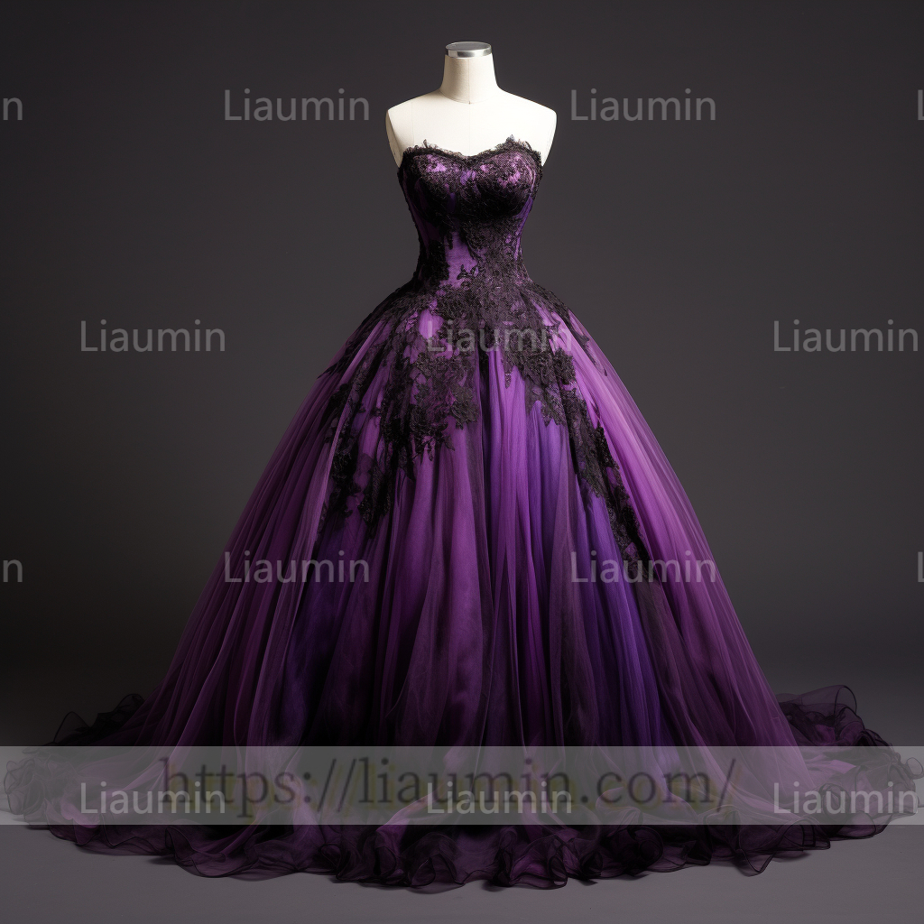Custom Purple Tulle Black Lace Applique Ball Gown Lace Up Back Evening Party Prom Formal Occasion Princess Dress B-3.3