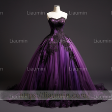 Load image into Gallery viewer, Custom Purple Tulle Black Lace Applique Ball Gown Lace Up Back Evening Party Prom Formal Occasion Princess Dress B-3.3
