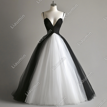 Load image into Gallery viewer, Custom Made White and Black Tulle Strap V Neck Wedding Evening Prom Formal Lace Up Back Princess Dress C-3.40
