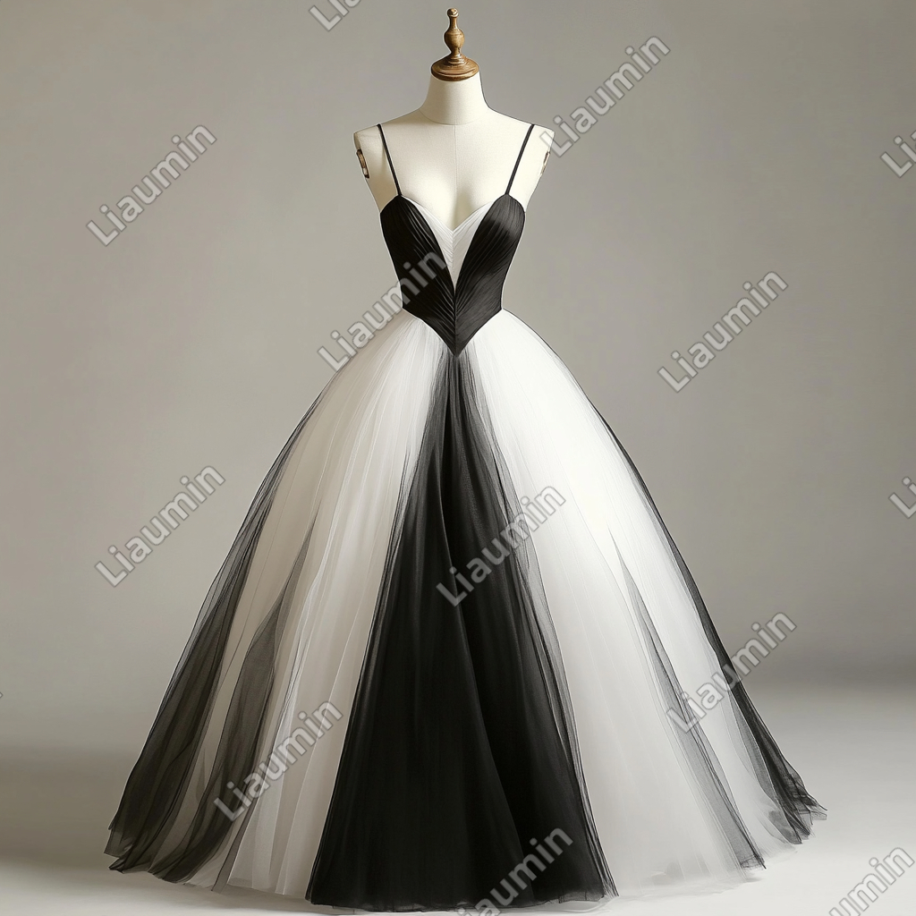 Custom Classic White Black Tulle Strap Wedding Evening Prom Formal Lace Up Back Princess Dress C-3.4