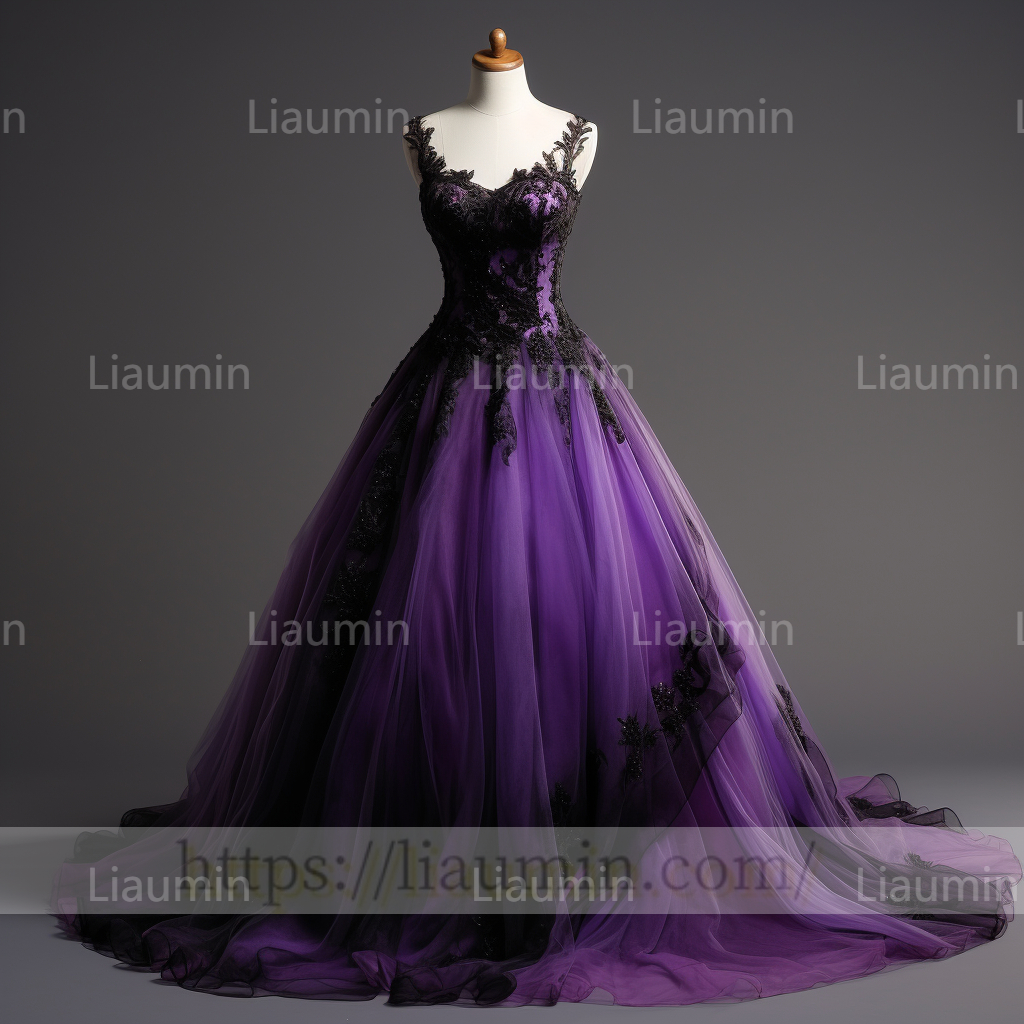 Custom Purple Tulle Black Lace Applique Evening Party Prom Formal Occasion Princess Dress B-3.4