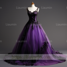 Load image into Gallery viewer, Custom Purple Tulle Black Lace Applique Evening Party Prom Formal Occasion Princess Dress B-3.4
