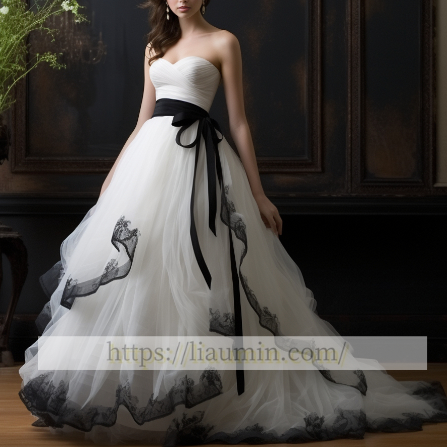 Hand made White And Black Strapless Lace Up Back Wedding Dress Bridal Gown Princess Dress W5-3.5