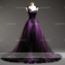 Load image into Gallery viewer, Custom Purple Tulle Black Lace Applique Ball Gown Lace Up Back Evening Party Prom Formal Occasion Princess Dress B-3.5
