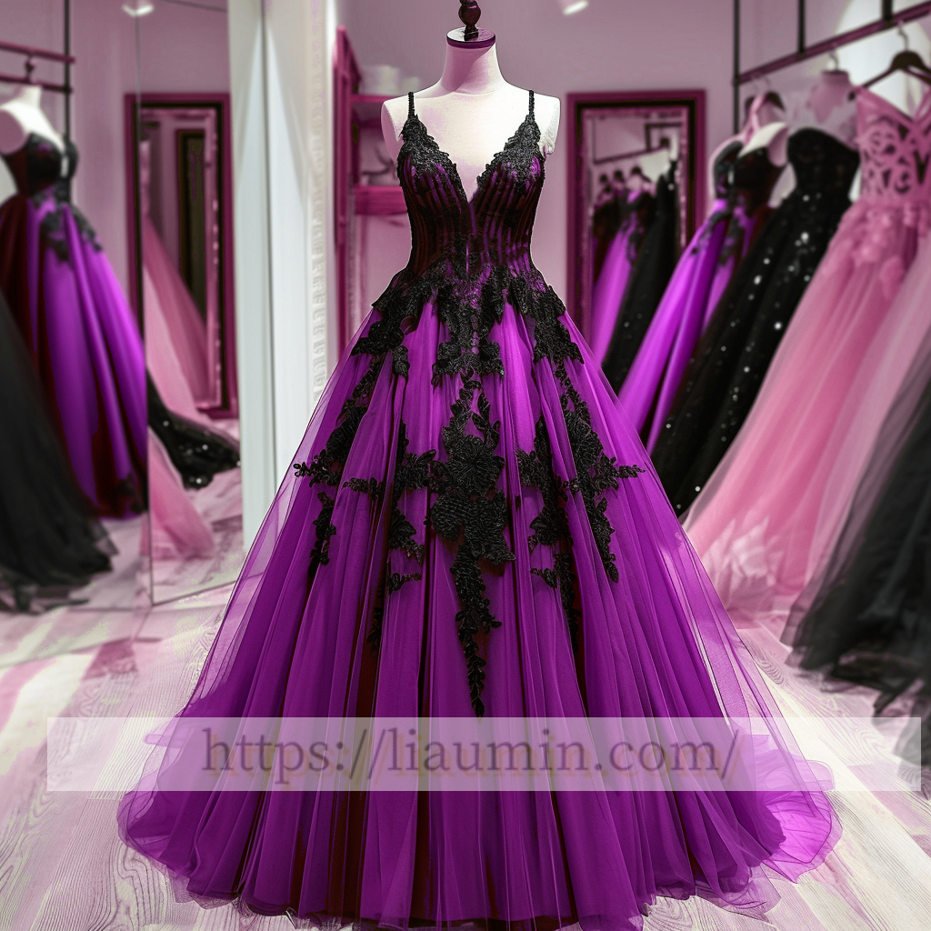 Black Lace Applique Spaghetti Straps V Neck Evening Party Prom Princess Dress  W13-3