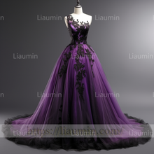 Load image into Gallery viewer, Custom Made Purple Tulle Black Lace Applique Evening Party Prom Formal Occasion Princess Dress B-3.6
