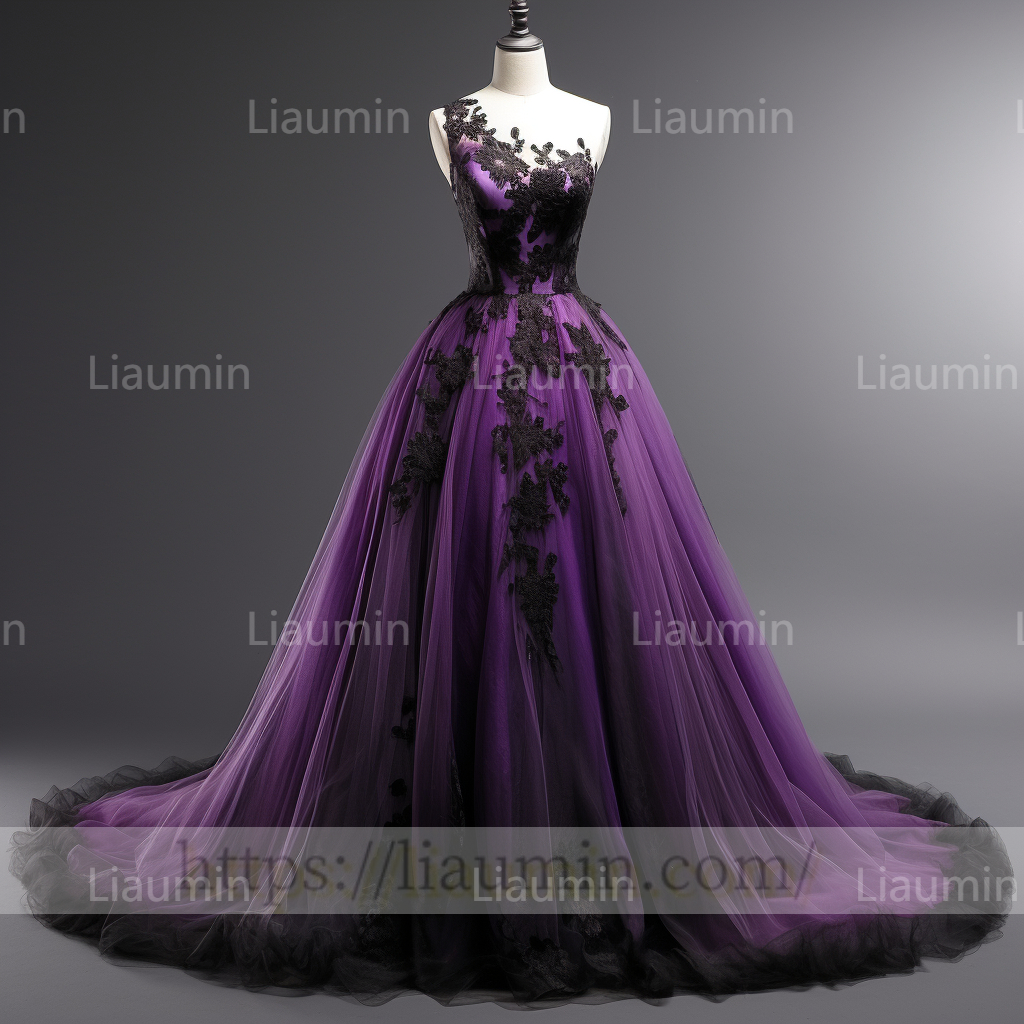 Custom Made Purple Tulle Black Lace Applique Evening Party Prom Formal Occasion Princess Dress B-3.6