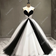 Load image into Gallery viewer, Custom White Black Tulle Strapless Wedding Evening Prom Formal Lace Up Back Princess Dress C-3.6
