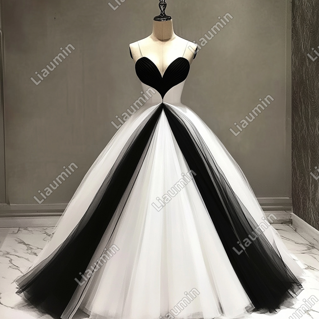 Custom White Black Tulle Strapless Wedding Evening Prom Formal Lace Up Back Princess Dress C-3.6