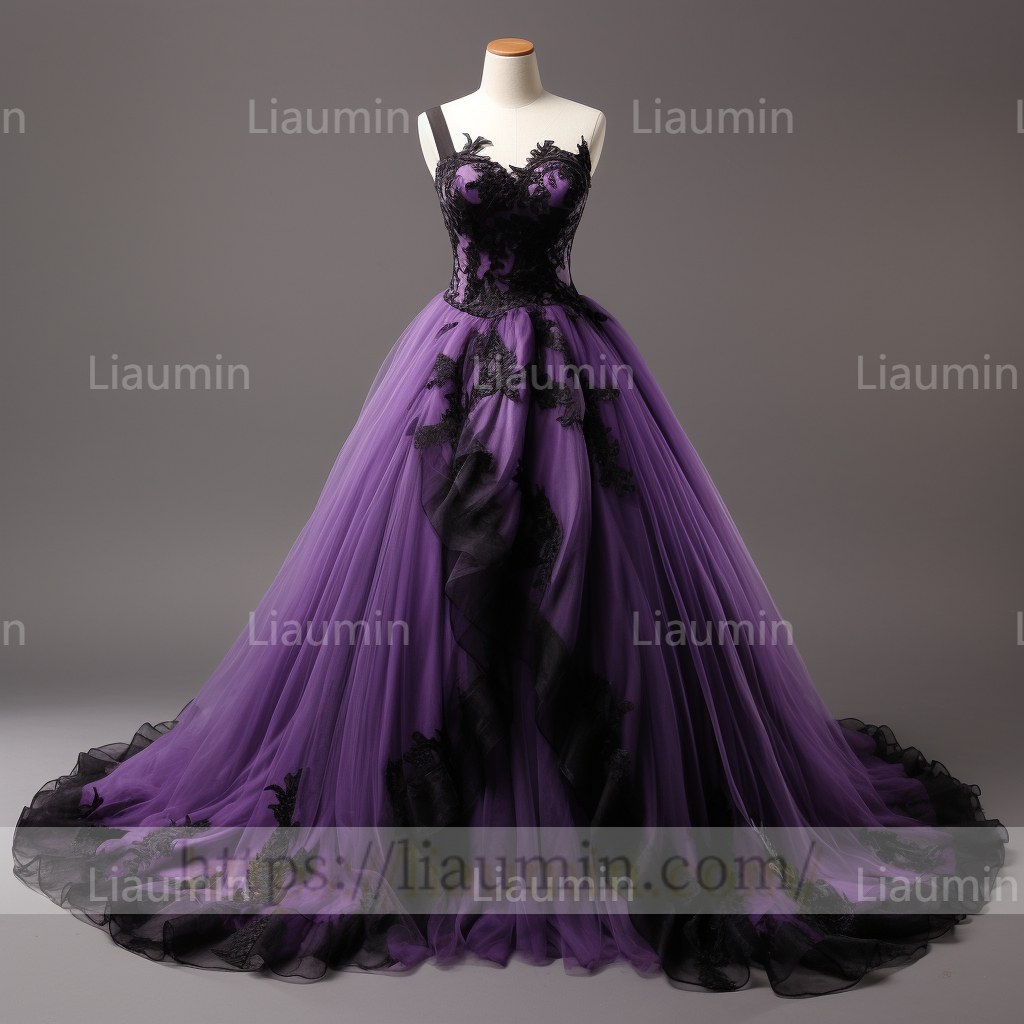 Custom Purple Tulle Black Lace Applique Lace Up Back Evening Party Prom Formal Occasion Princess Dress B-3.7