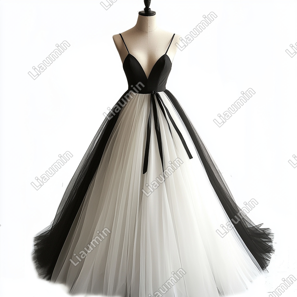 Custom White Black Tulle Strap Wedding Evening Prom Formal Lace Up Back Princess Dress C-3.7