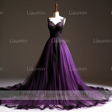 Load image into Gallery viewer, Custom Hand Made Purple Tulle Black Lace Applique Evening Party Prom Formal Occasion Princess Dress B-3.8
