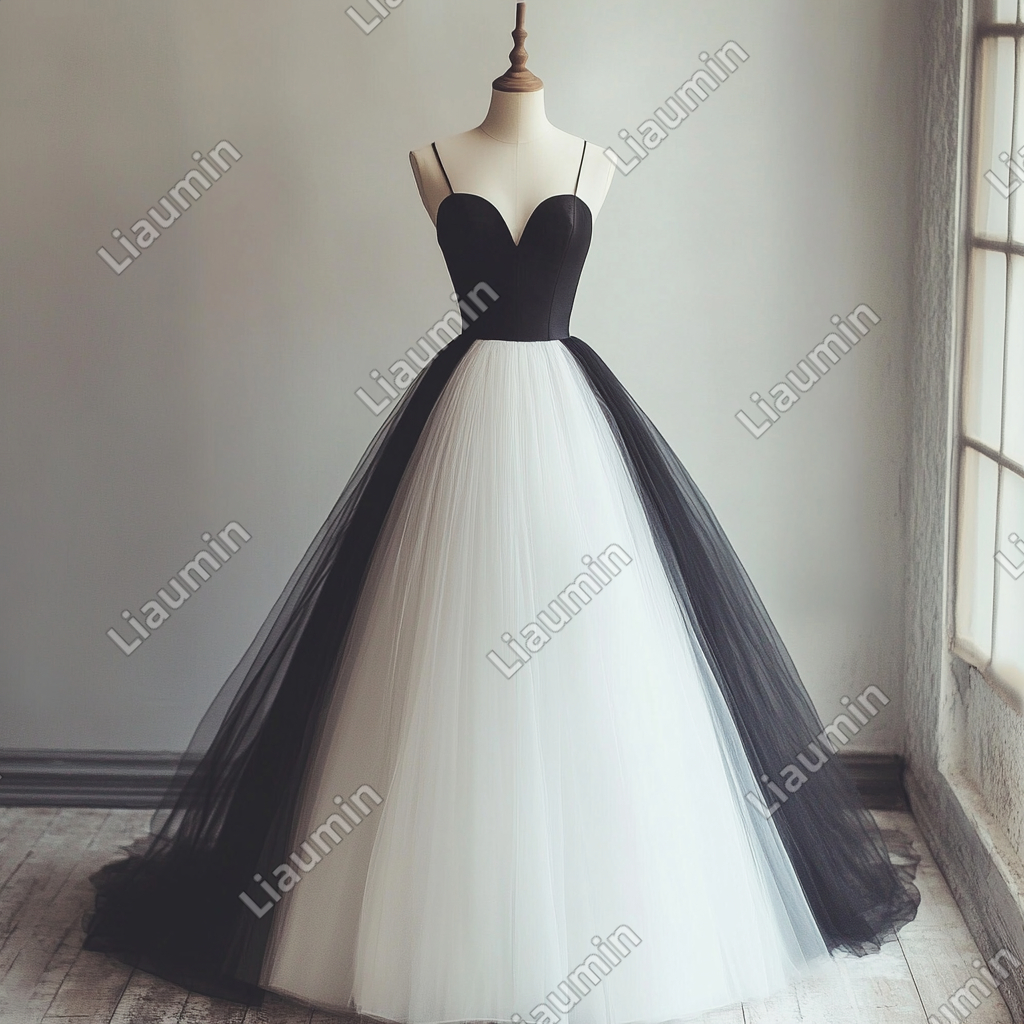 Custom White Black Tulle Strap Wedding Evening Prom Formal Lace Up Back Princess Dress C-3.8