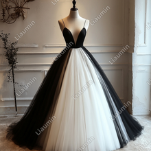 Load image into Gallery viewer, Custom White Black Tulle Strap V Neck Wedding Evening Prom Formal Lace Up Back Princess Dress C-3.9
