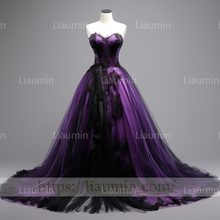 Load image into Gallery viewer, Custom Purple Tulle Black Lace Applique Strapless Lace Up Back Evening Party Prom Formal Occasion Princess Dress B-3.9
