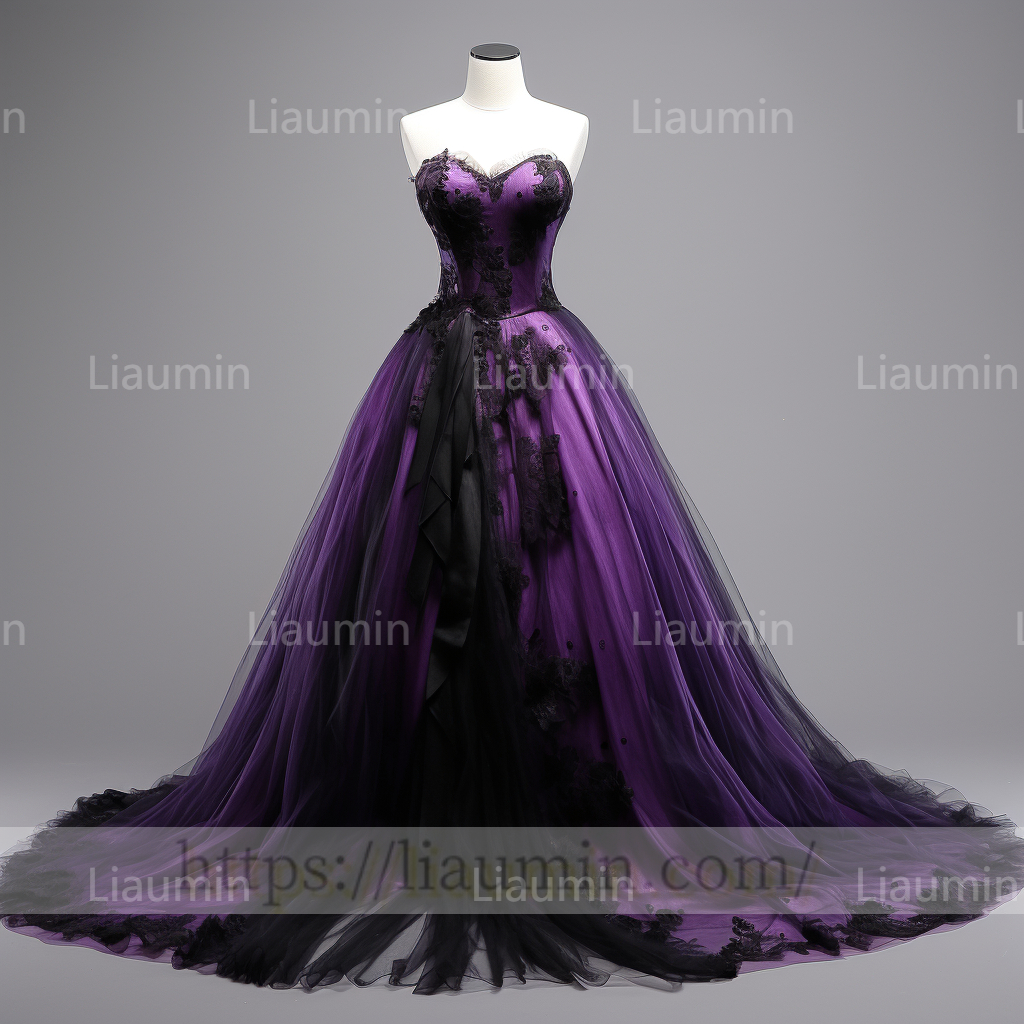 Custom Purple Tulle Black Lace Applique Strapless Lace Up Back Evening Party Prom Formal Occasion Princess Dress B-3.9