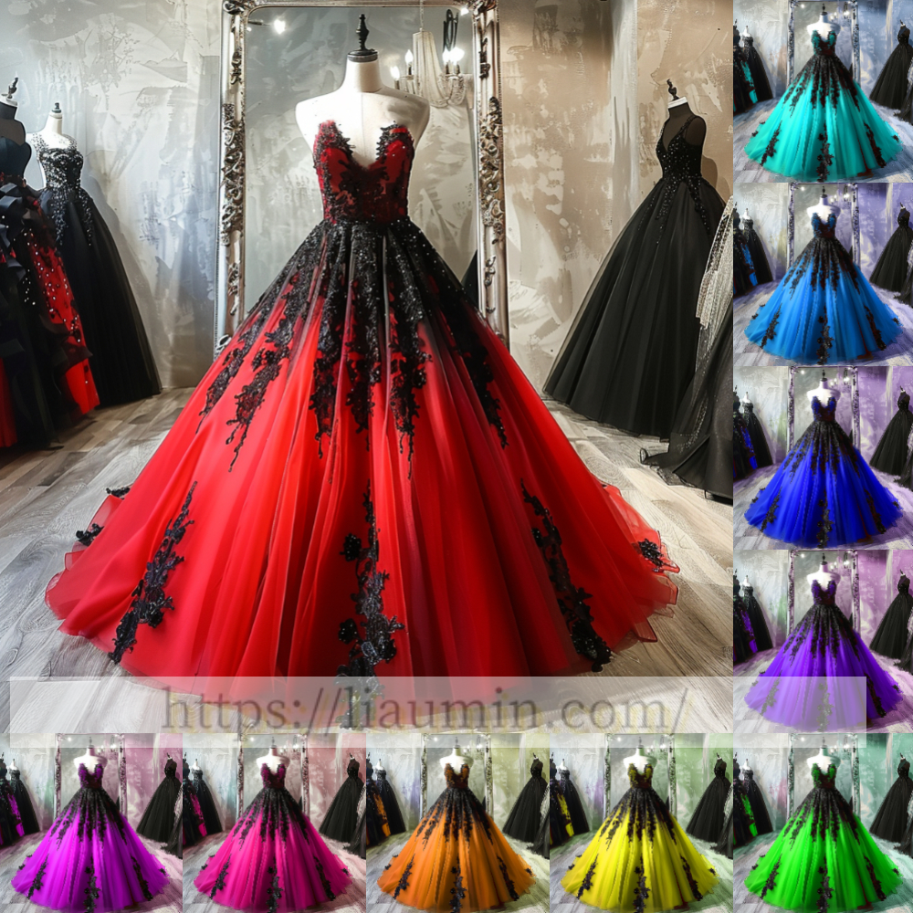 Black Lace Applique Strapless Full Length Evening Party Prom Princess Dress  W13-4