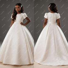 Load image into Gallery viewer, Flower Girl Dresses Satin Short Sleeve Wedding Formal Brithday Princess First Communion Pageant Kids Skirt Customized Made W22-41

