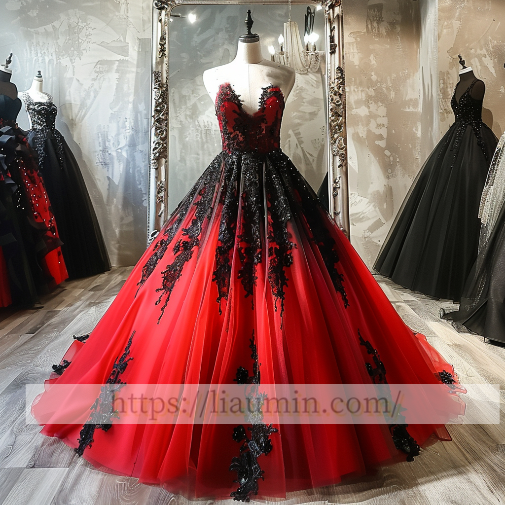 Black Lace Applique Strapless Full Length Evening Party Prom Princess Dress  W13-4