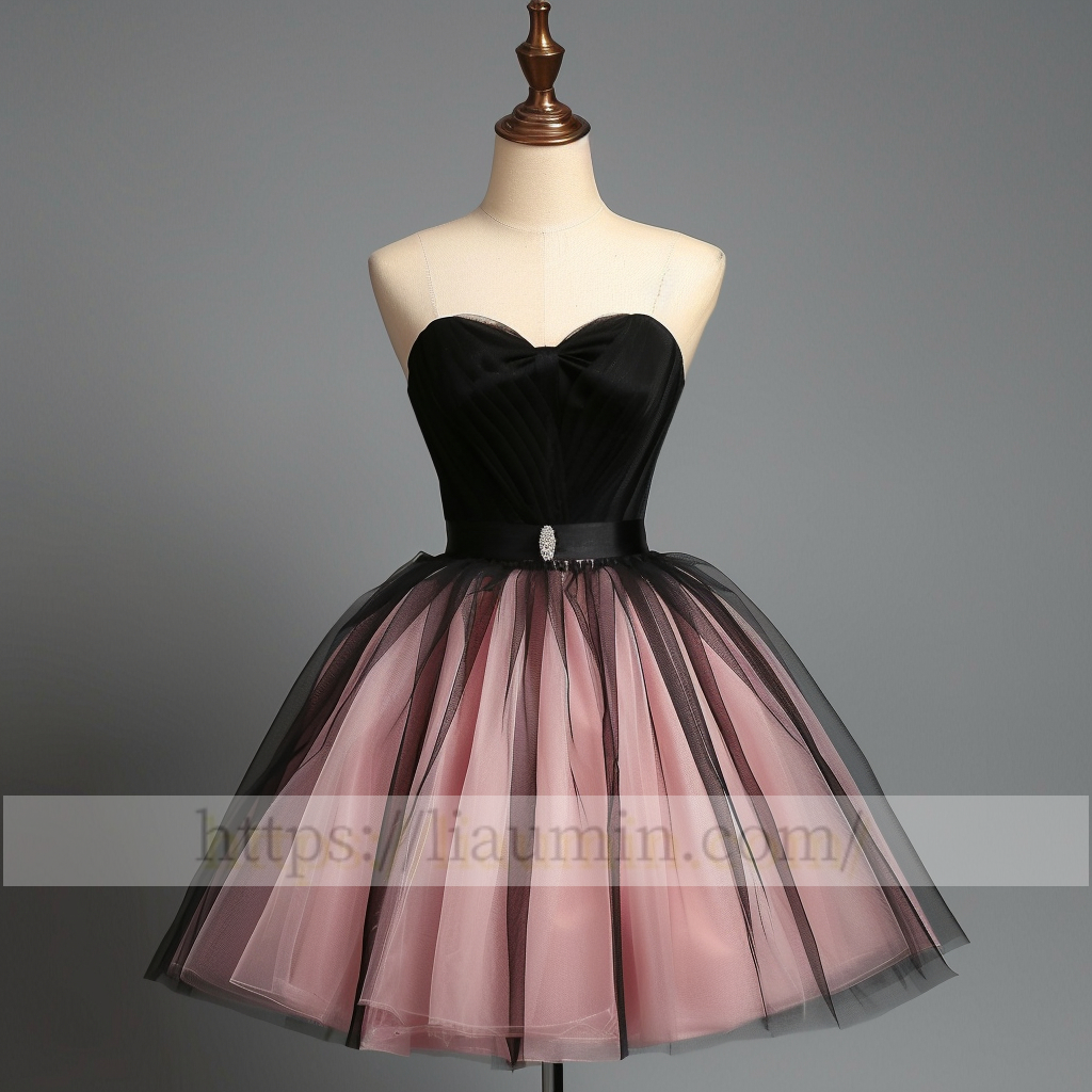 Pink and Black Tulle Strapless Short Length Evening Prom Formal Princess Homecoming Dress Custom W15-4.10