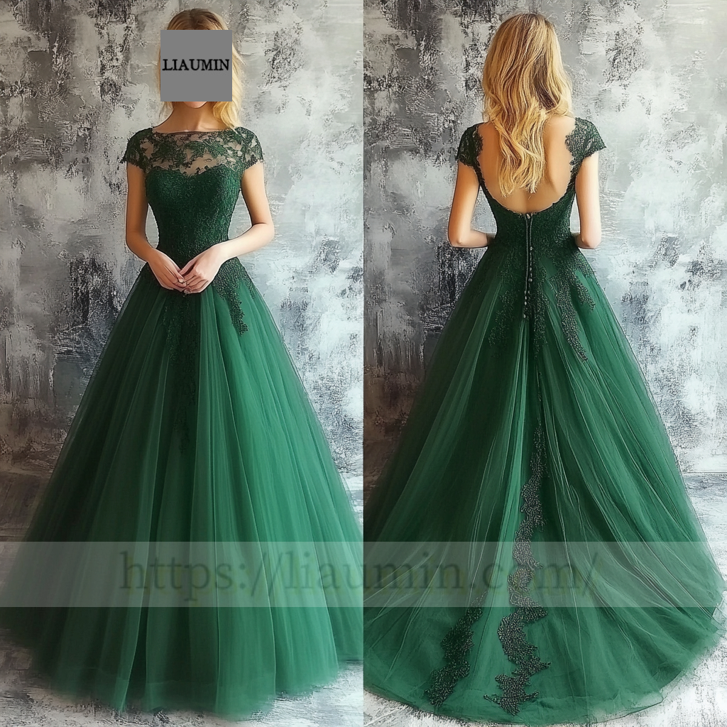 Custom Green Tulle and Lace Applique Wedding Evening Prom Formal Lace Up Back Princess Dress C-4.10