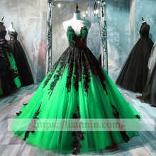 Load image into Gallery viewer, Black Lace Applique Strapless Full Length Evening Party Prom Princess Dress  W13-4
