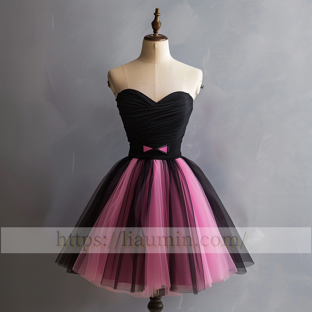 Pink and Black Tulle Strapless Short Length Evening Prom Formal Princess Homecoming Dress Custom Color W15-4.11