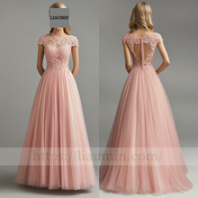 Load image into Gallery viewer, Custom Pink Tulle and Lace Applique Wedding Evening Prom Formal Lace Up Back Princess Dress C-4.11
