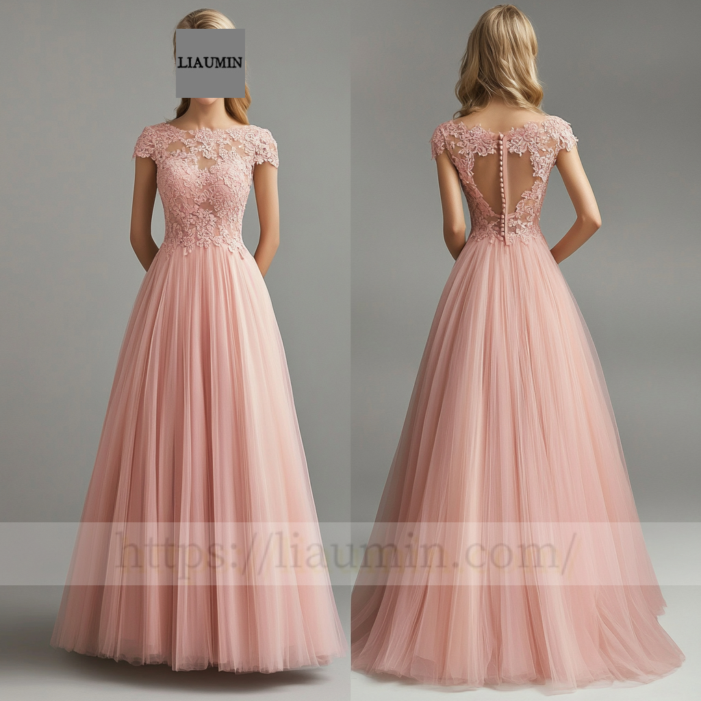 Custom Pink Tulle and Lace Applique Wedding Evening Prom Formal Lace Up Back Princess Dress C-4.11