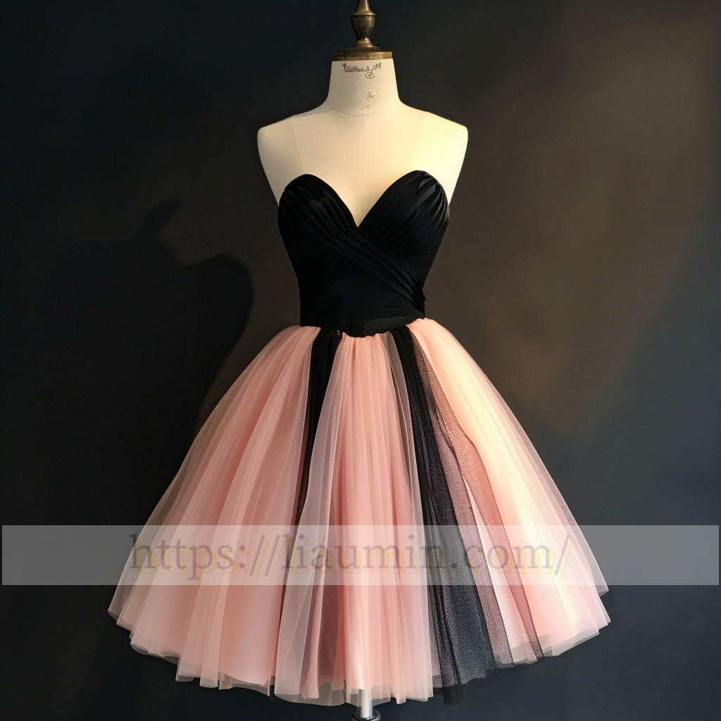 Pink and Black Tulle Strapless Short Length Evening Prom Formal Princess Homecoming Dress Custom W15-4.12