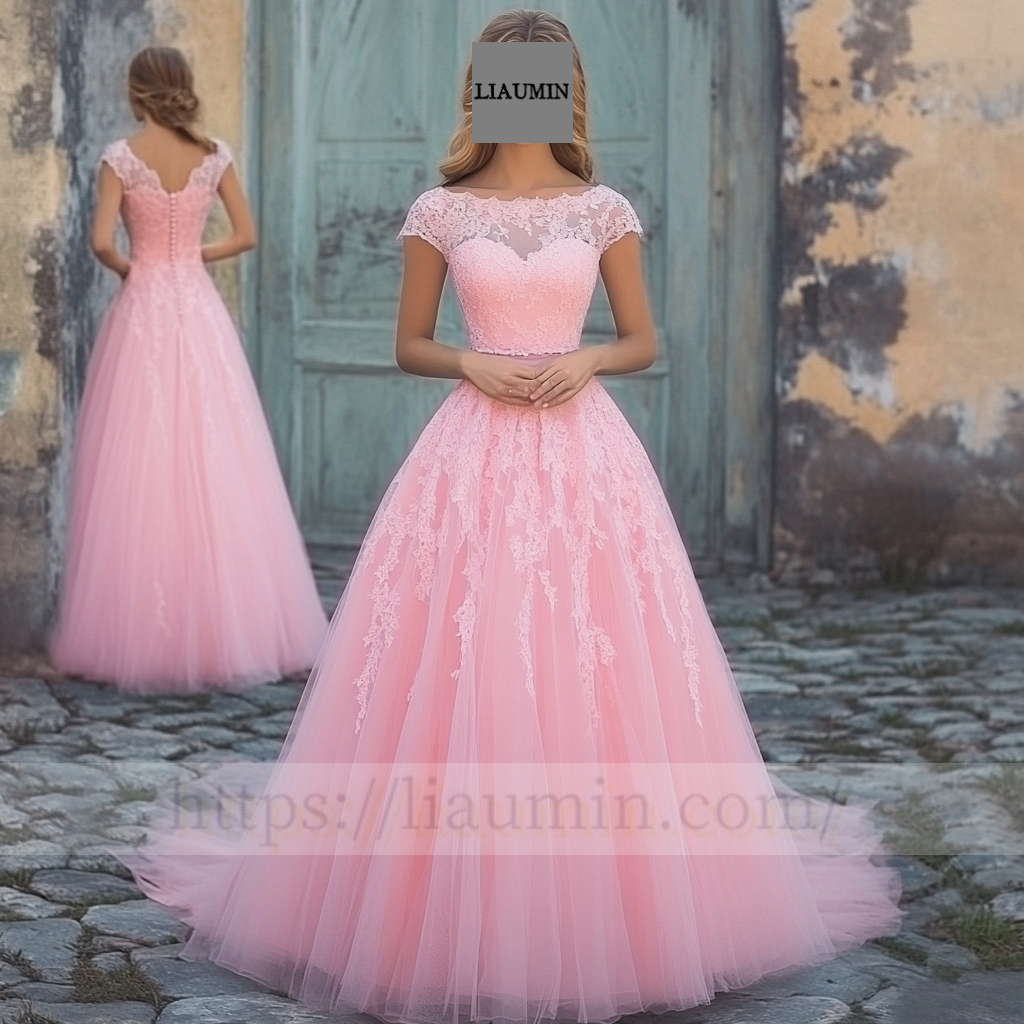 Custom Pink Tulle and Lace Applique Wedding Evening Prom Formal Lace Up Back Princess Dress C-4.12