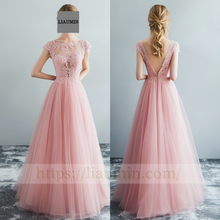 Load image into Gallery viewer, Custom Pink Tulle and Lace Applique Backless Wedding Evening Prom Formal Lace Up Back Princess Dress C-4.13
