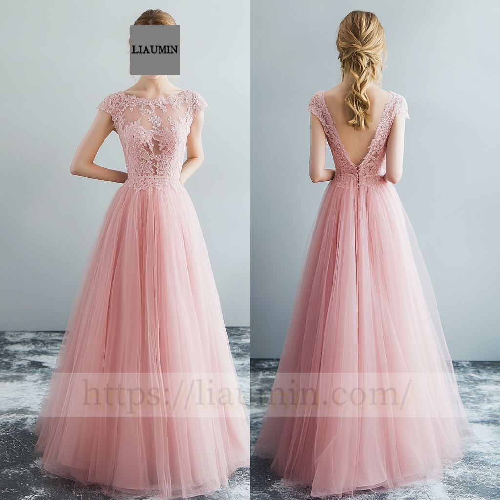 Custom Pink Tulle and Lace Applique Backless Wedding Evening Prom Formal Lace Up Back Princess Dress C-4.13