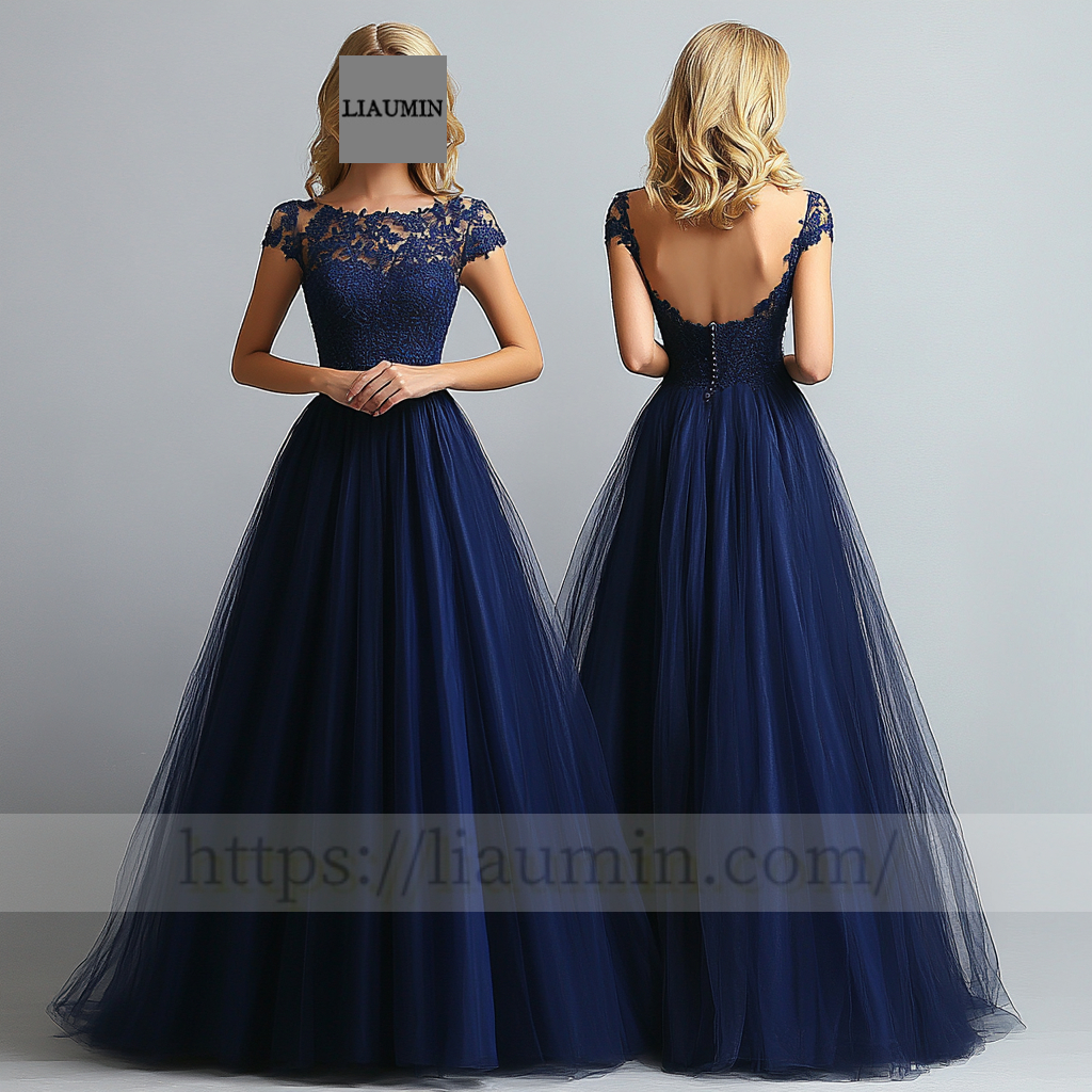 Custom Navy Blue Tulle and Lace Applique Wedding Evening Prom Formal Lace Up Back Princess Dress C-4.14