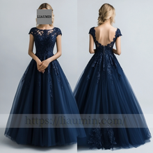 Load image into Gallery viewer, Custom Navy Blue Tulle and Lace Applique Wedding Evening Prom Formal Lace Up Back Princess Dress C-4.1
