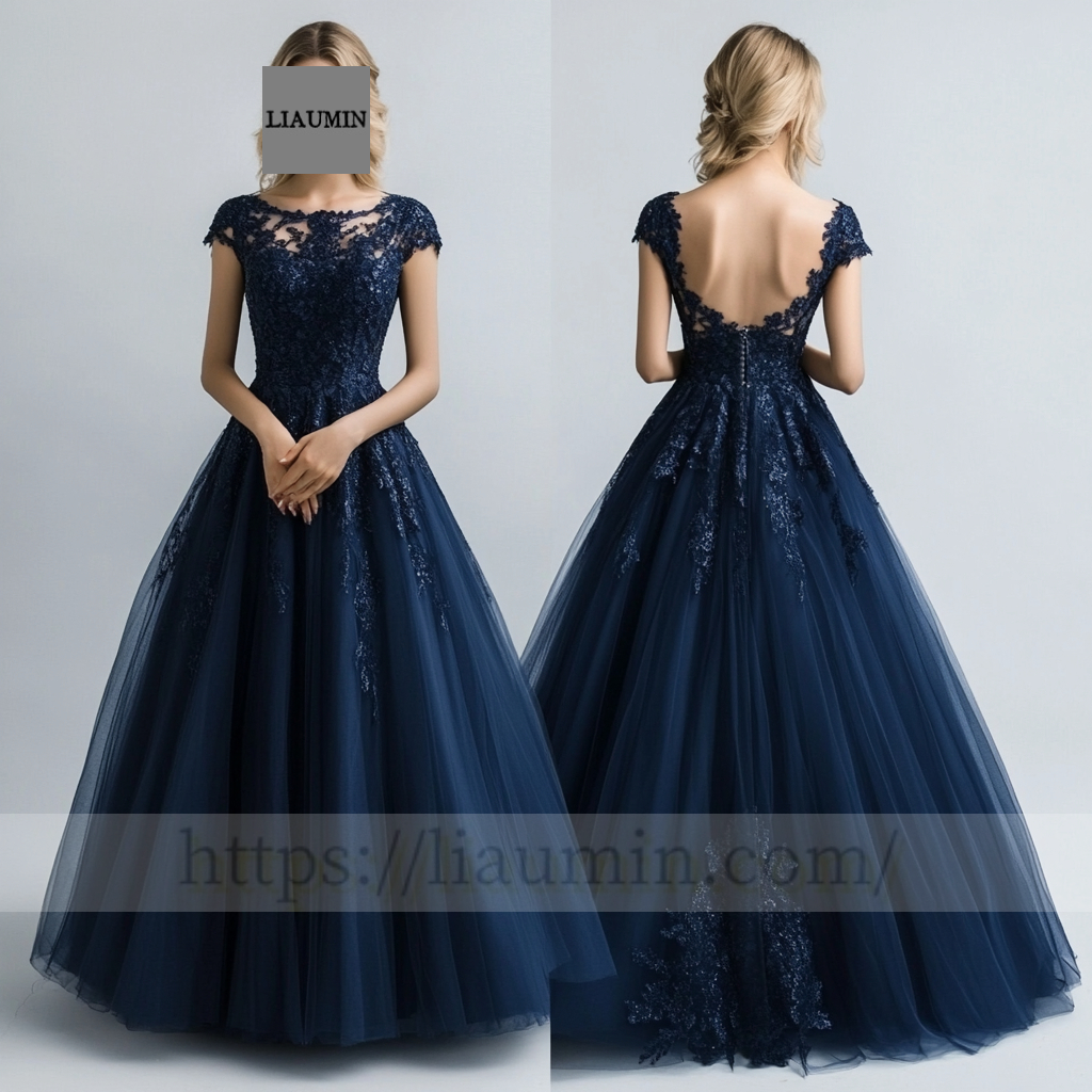 Custom Navy Blue Tulle and Lace Applique Wedding Evening Prom Formal Lace Up Back Princess Dress C-4.1